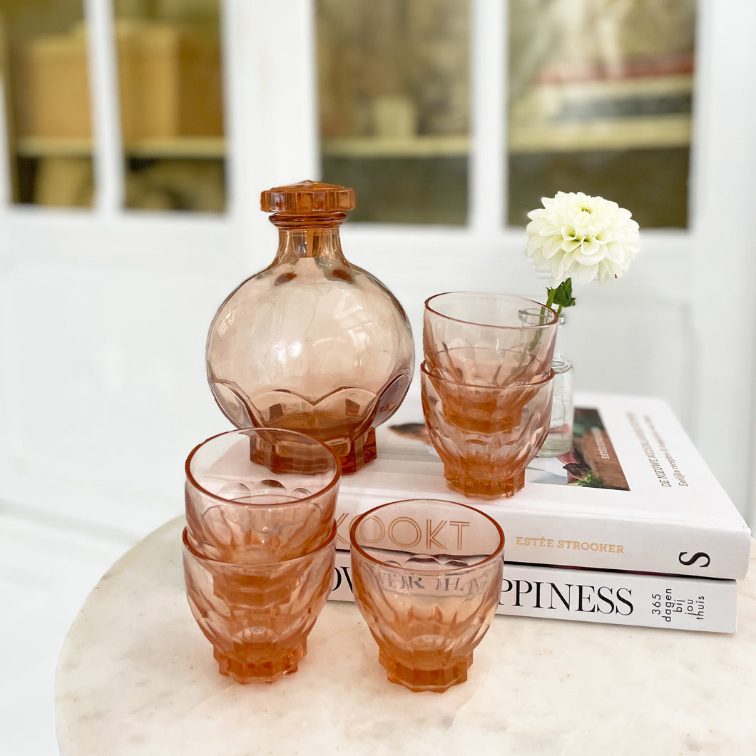 Vintage roze karaf persglas met 5 glaasjes (likeur set)