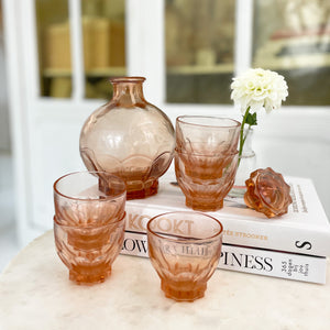 Vintage roze karaf persglas met 5 glaasjes (likeur set)